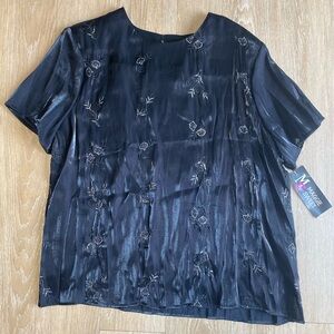 Vintage Maggie Sweet Black Floral Short Sleeve Blouse w/ Slight Shimmer NWT